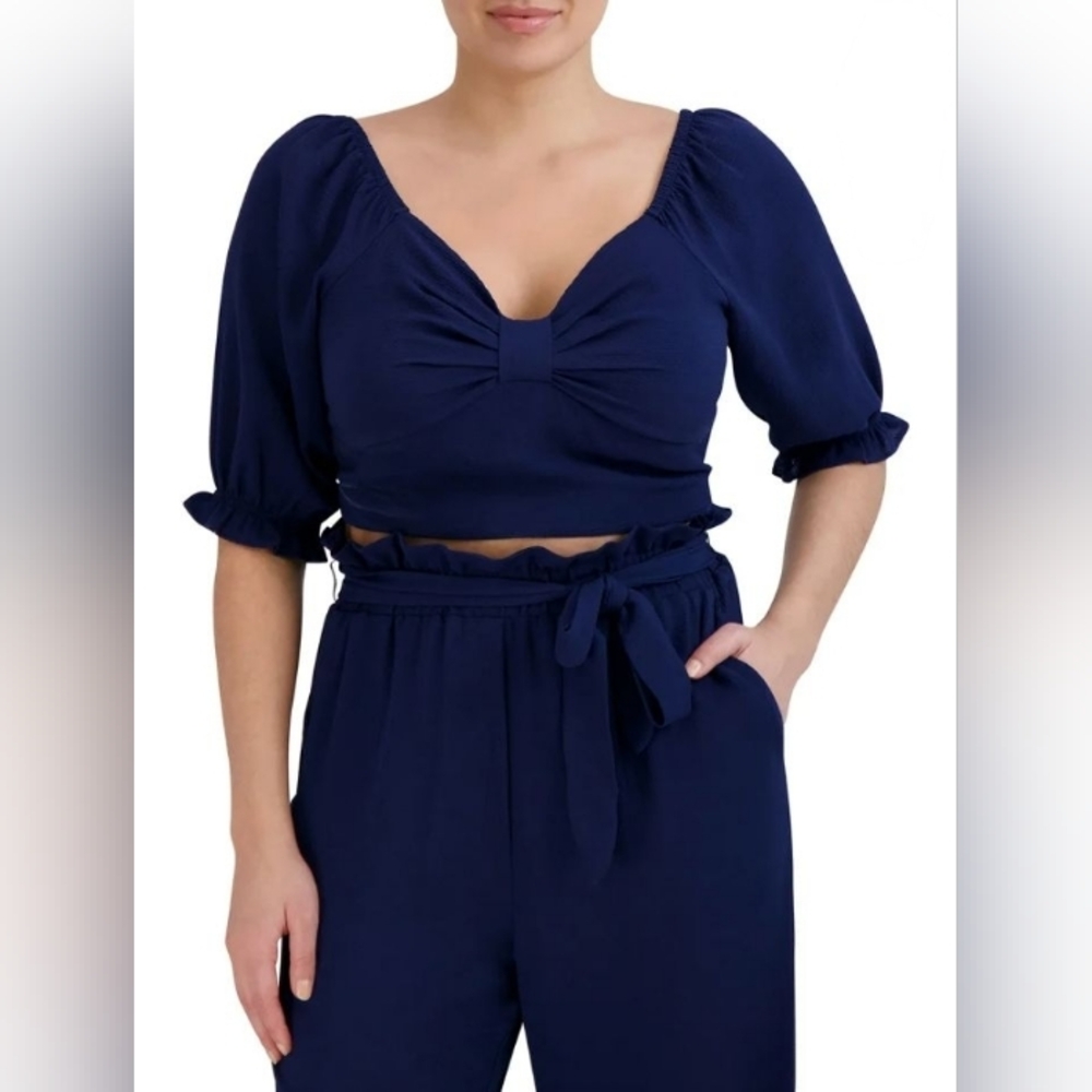 BCBG Paris Blue Gathered Back Puff Sleeve Bow Front Crop Top - Picture 10 of 12